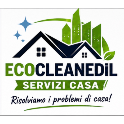 Logo ECOCLEANEDIL Servizi Casa with house, city skyline, leaf, and slogan “Risolviamo i problemi di casa!”