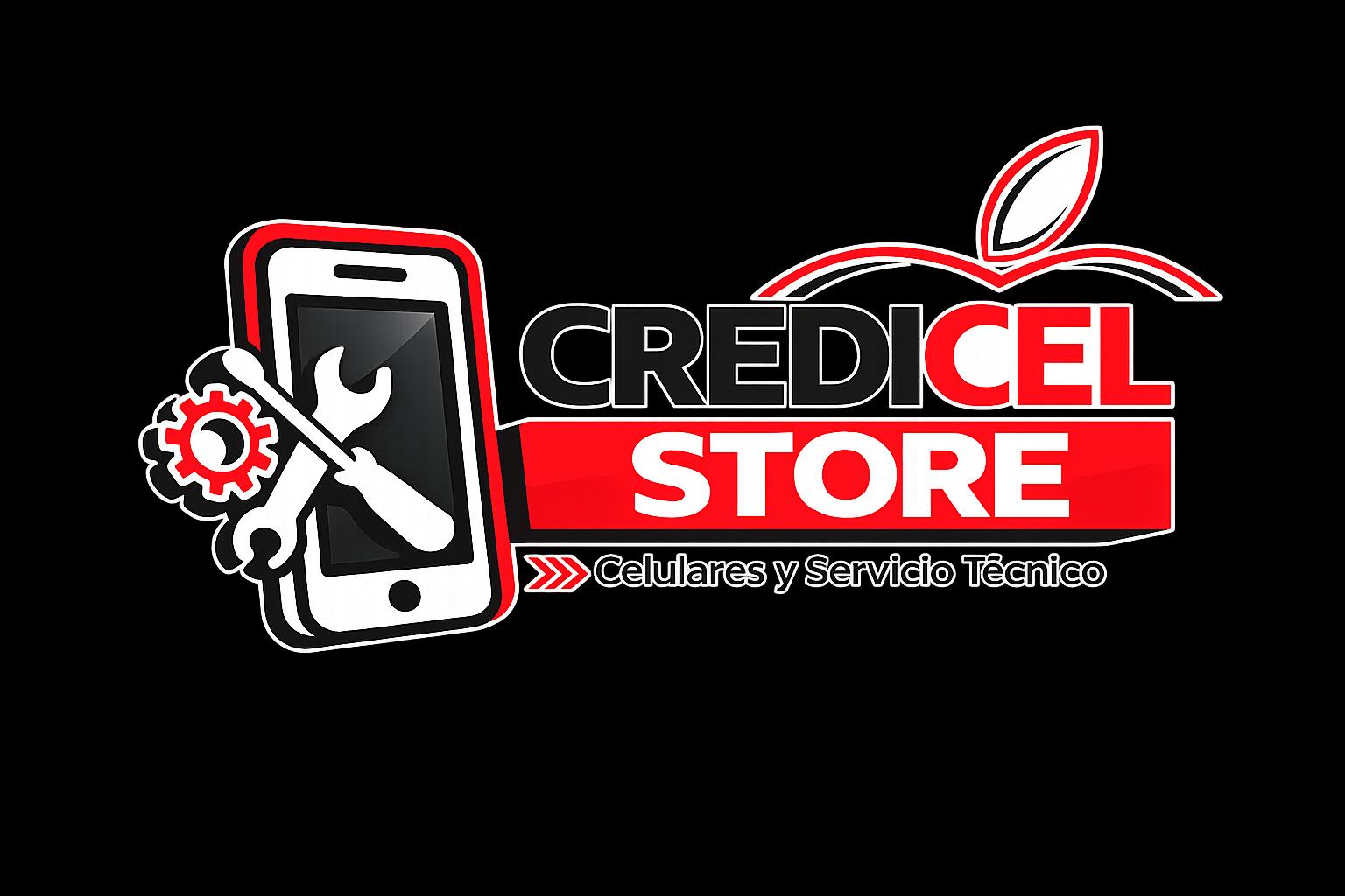 Logotipo de Credicel Store con un smartphone rojo y negro y un icono de engranaje sobre fondo negro.